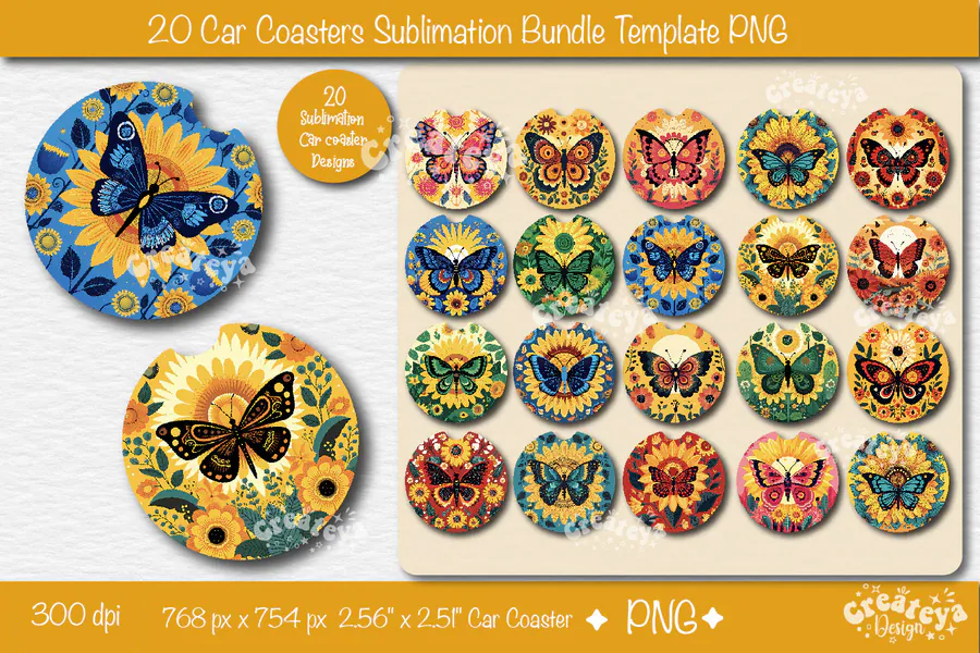 Butterfly and Sunflower Car Coaster Bundle preview for car coaster sublimation designs