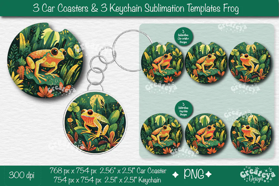 Frog Coaster and Keychain Design Set preview for car coaster sublimation designs