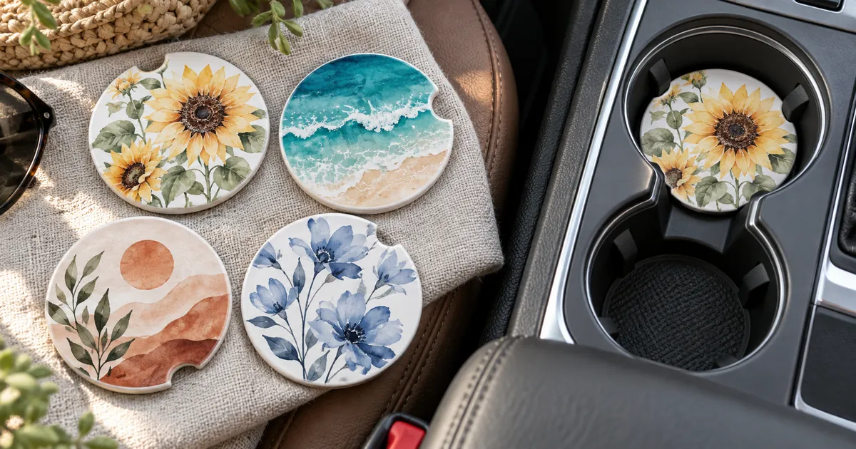 Colorful car coaster sublimation prints beside a car cup holder