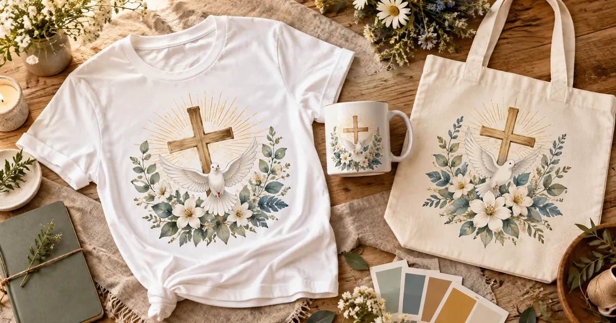 Christian sublimation crafts with floral crosses, dove and warm neutral styling