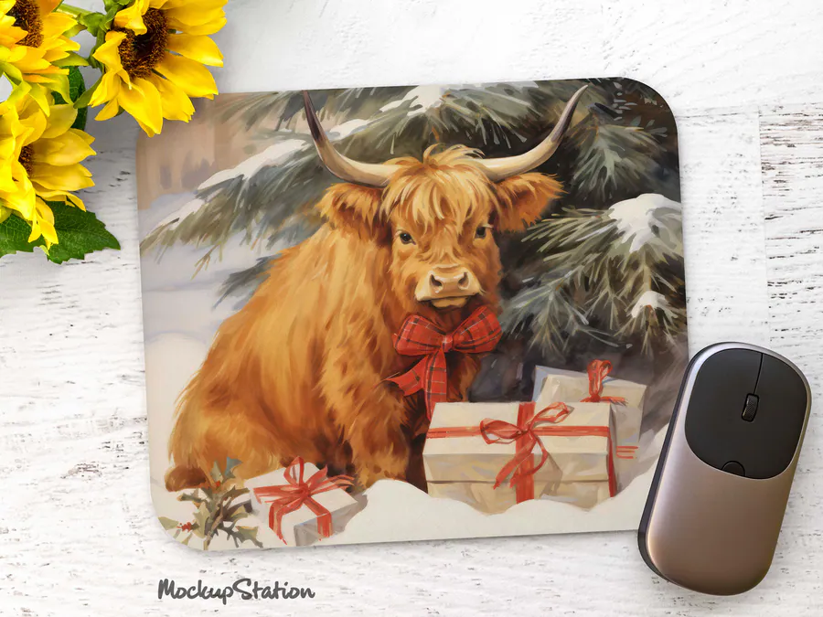 Vintage Christmas Highland Cow Mouse Pad preview for Christmas mouse pad sublimation designs