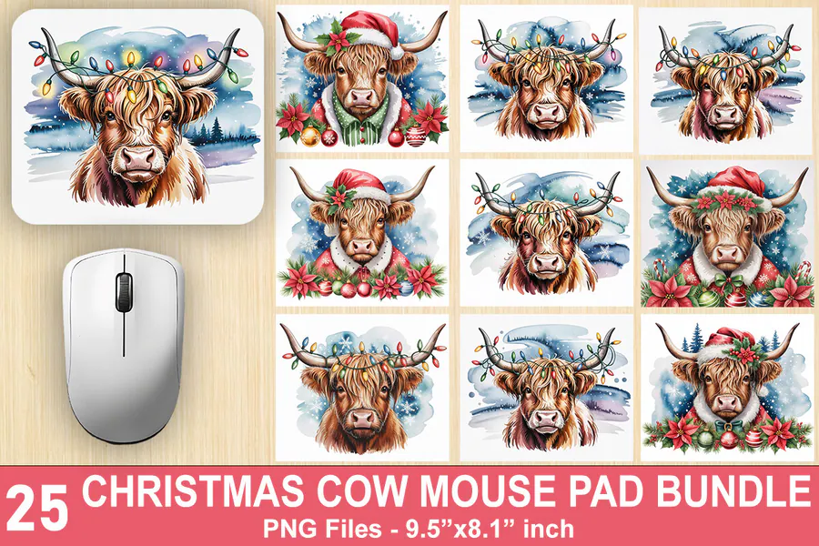 Vintage Christmas Cow Mouse Pad Bundle preview for Christmas mouse pad sublimation designs