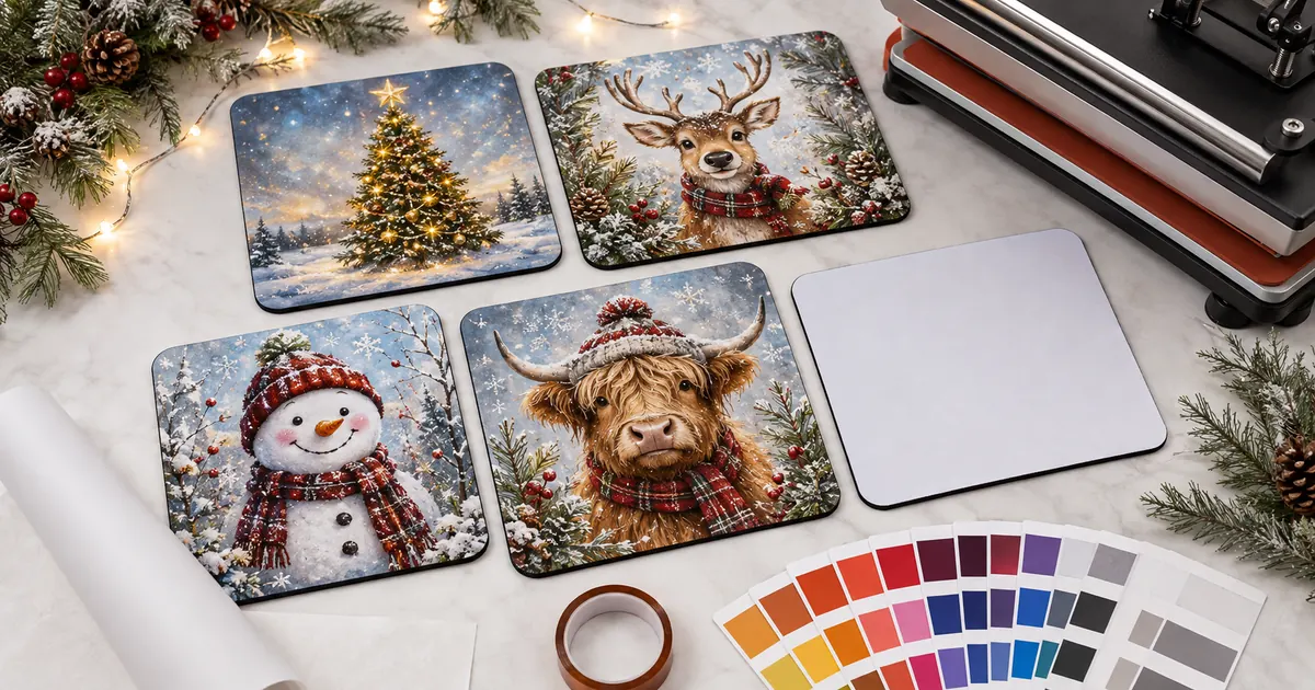 Christmas mouse pad sublimation designs with tree, reindeer, snowman and Highland cow artwork