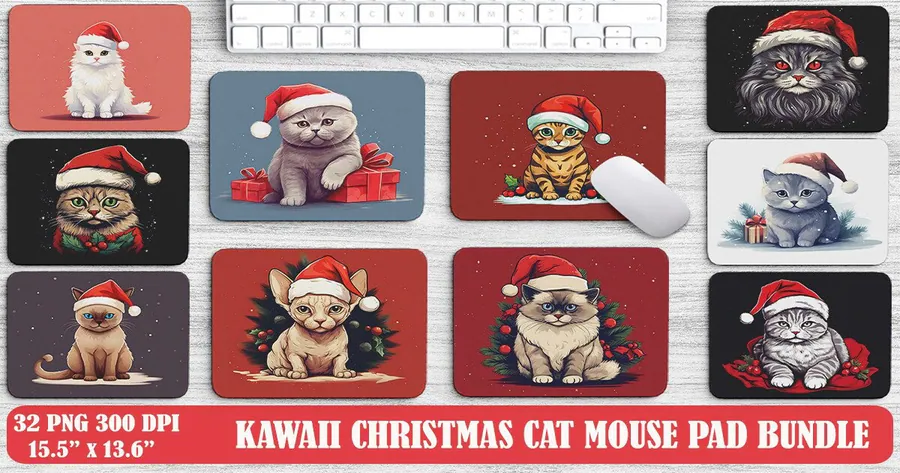 Kawaii Christmas Cat Mouse Pad Bundle preview for Christmas mouse pad sublimation designs