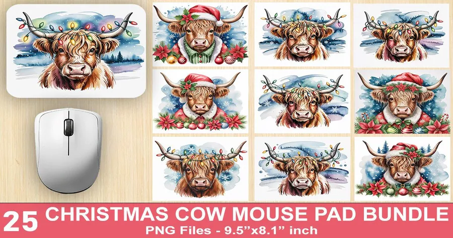 Vintage Christmas Cow Mouse Pad Bundle preview for Christmas mouse pad sublimation designs