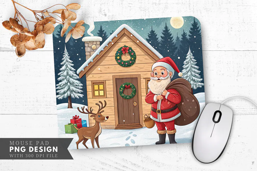 Santa and Reindeer Cabin Mouse Pad preview for Christmas mouse pad sublimation designs