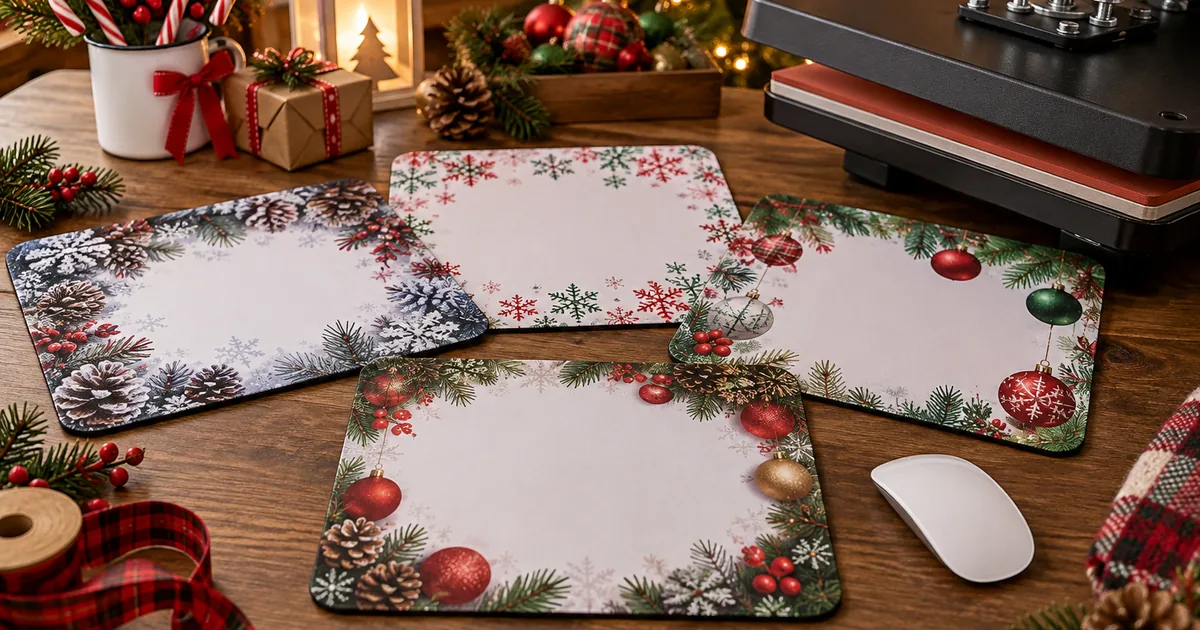 Festive Christmas sublimation mouse pads with snowflakes and ornaments beside a heat press