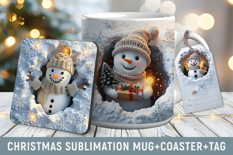 Snowman Mug, Coaster and Gift Tag Set preview for Christmas mug sublimation