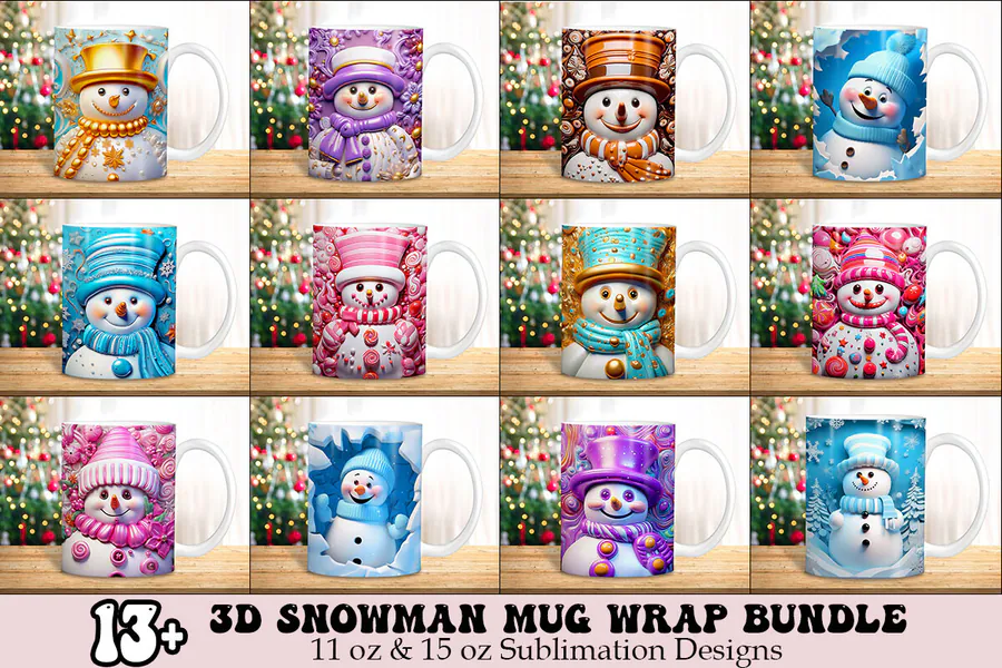 3D-Effect Snowman Mug Wrap Bundle preview for Christmas mug sublimation