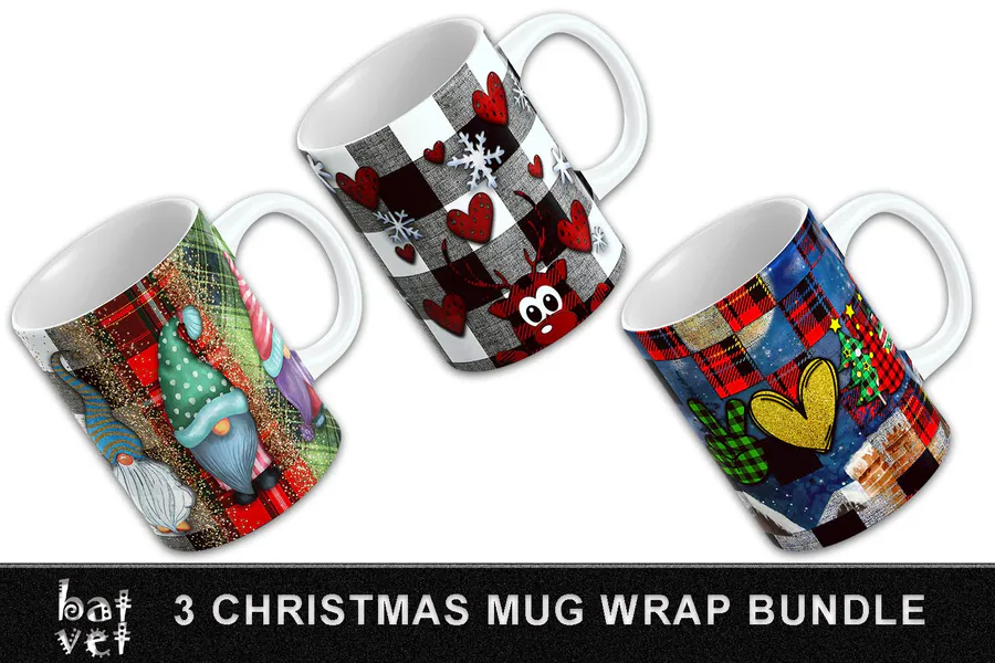 Plaid, Gnome and Reindeer Mug Wrap Set preview for Christmas mug sublimation