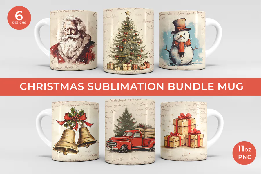 Six Christmas Mug Wrap Designs preview for Christmas mug sublimation