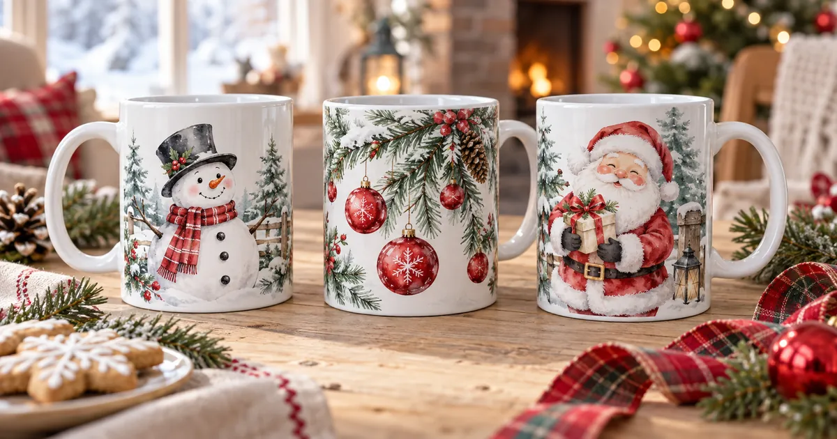 Three Christmas mug sublimation designs featuring snowmen, evergreen branches and Santa