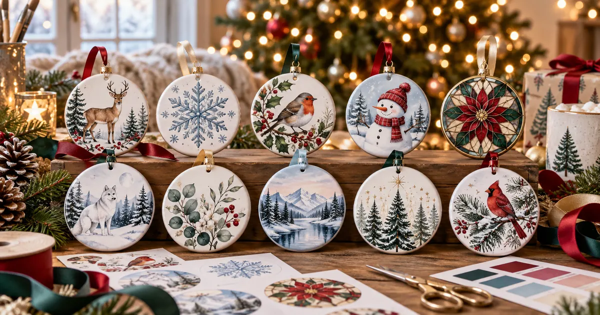 Sublimation ornaments with winter animals, snowflakes and festive ribbons