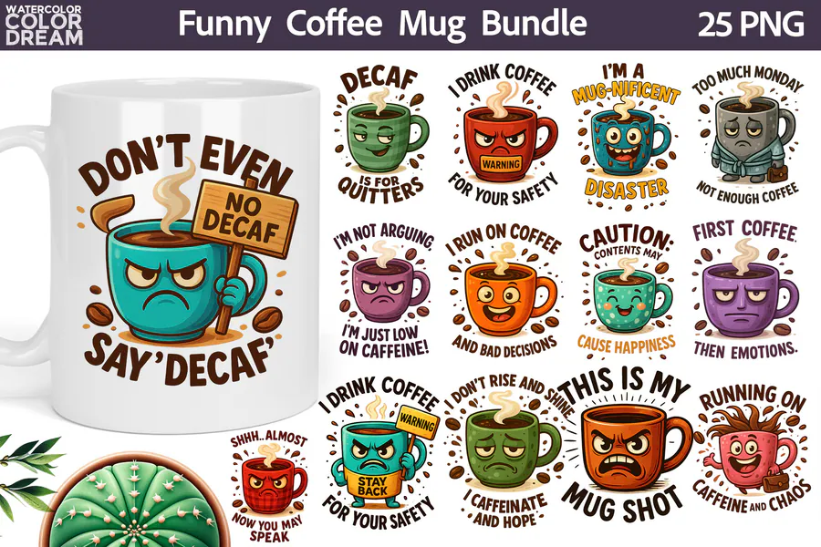 25 Funny Cartoon Coffee Designs preview for coffee sublimation designs