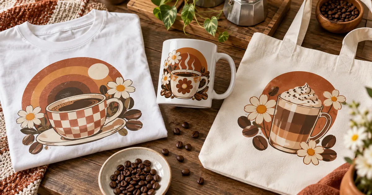Coffee sublimation illustrations printed on a white shirt, mug and tote