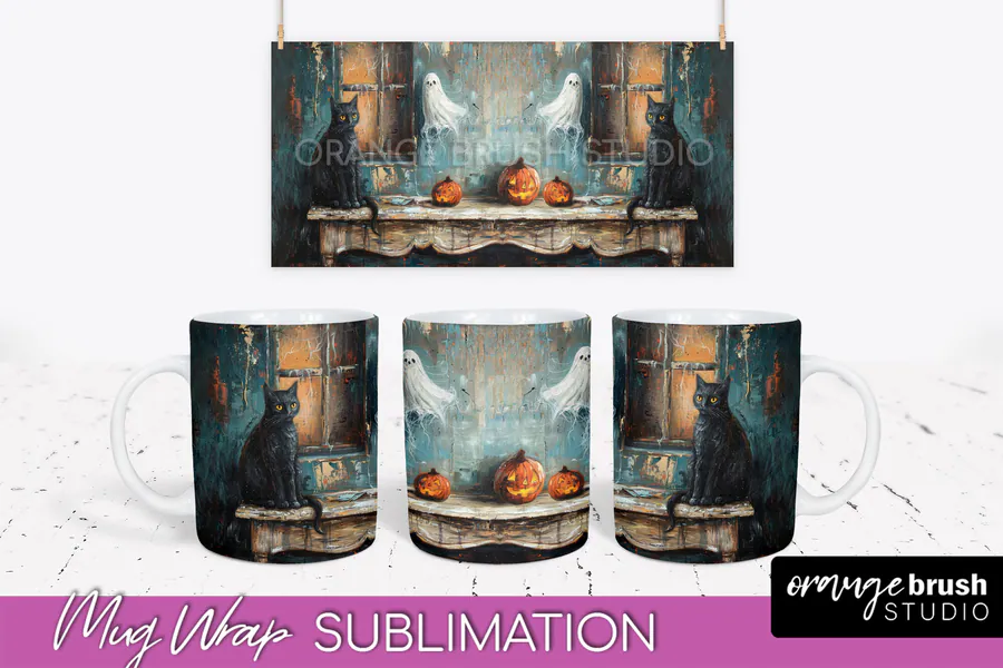 Vintage Halloween Ghost Mug Wrap 5 preview for coffee sublimation designs