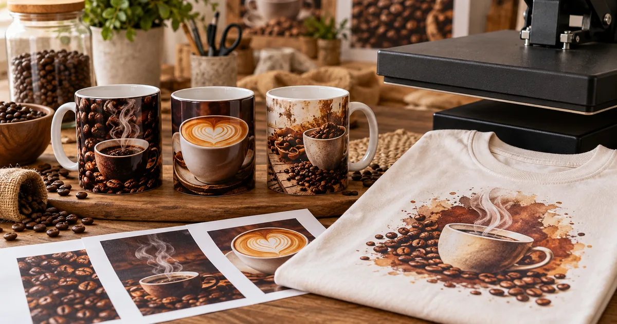 Coffee sublimation mugs, light shirts and transfer sheets arranged on a cozy craft table