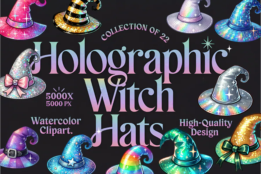 22 Holographic Witch Hat Sublimation Art preview for sublimation hat designs