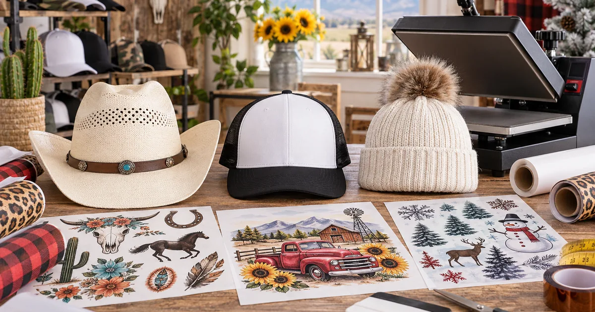 Cowboy, trucker and winter sublimation hat blanks with colorful transfers in a bright studio