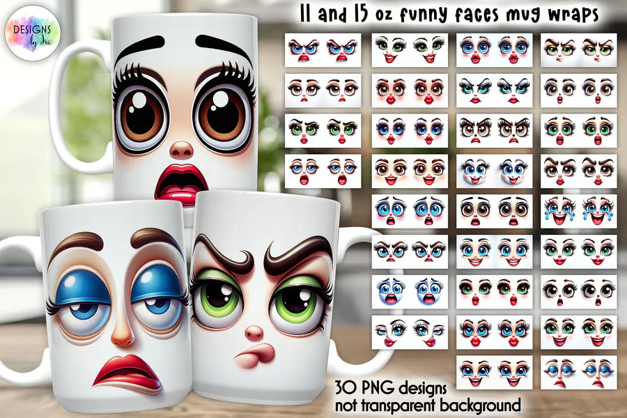 3D Funny Face Mug Wrap Bundle preview for sublimation mug designs
