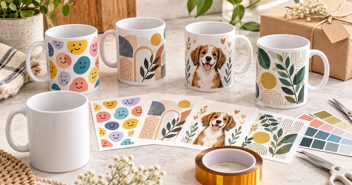 Creative sublimation mug designs with playful faces, dog art and botanical patterns