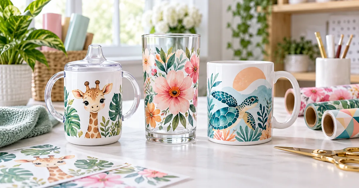 Playful sublimation cup designs on sippy cups, glass tumblers and white mugs