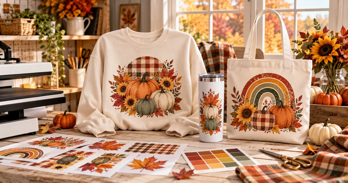 Fall sublimation crafts with pumpkins, plaid, leaves and sunflowers
