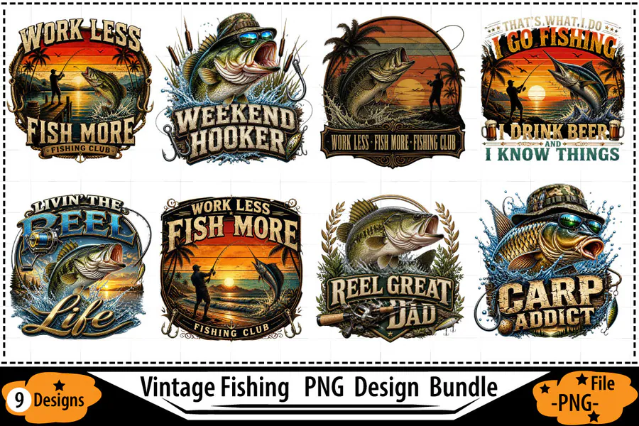 Vintage Fishing PNG Bundle preview for fishing sublimation