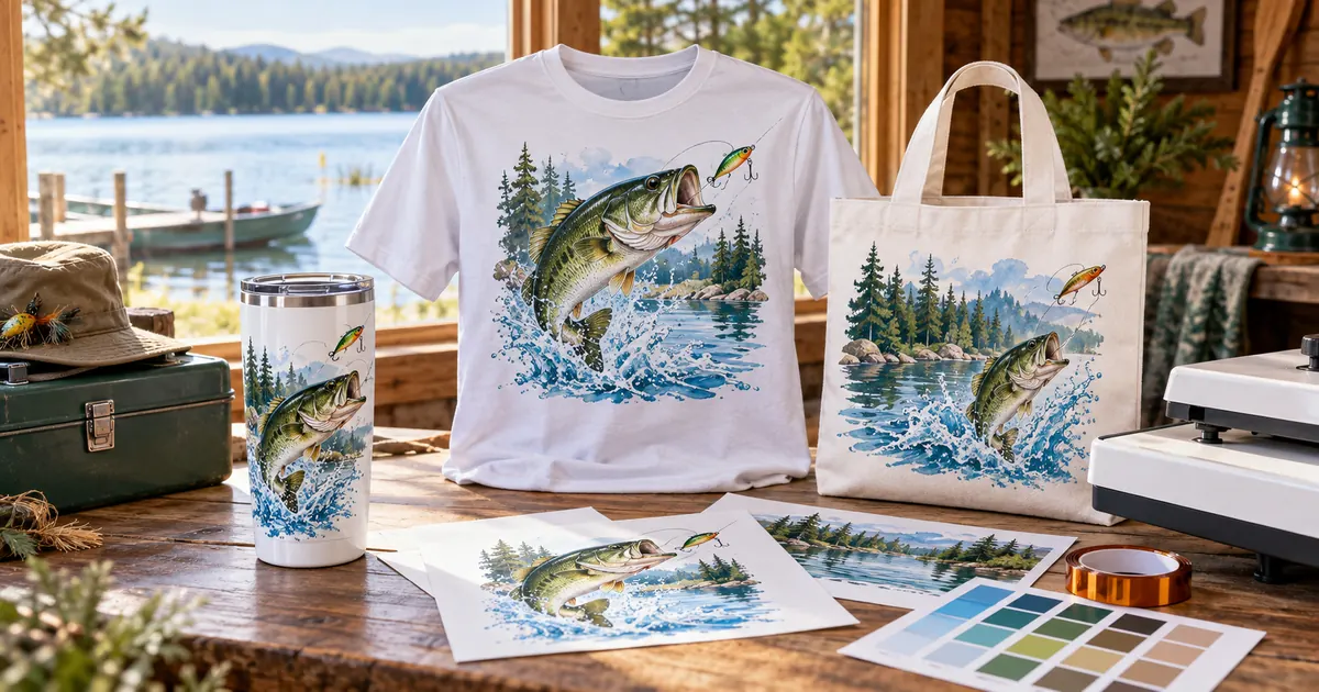 Fishing sublimation crafts with bass artwork, lake colors and transfer sheets