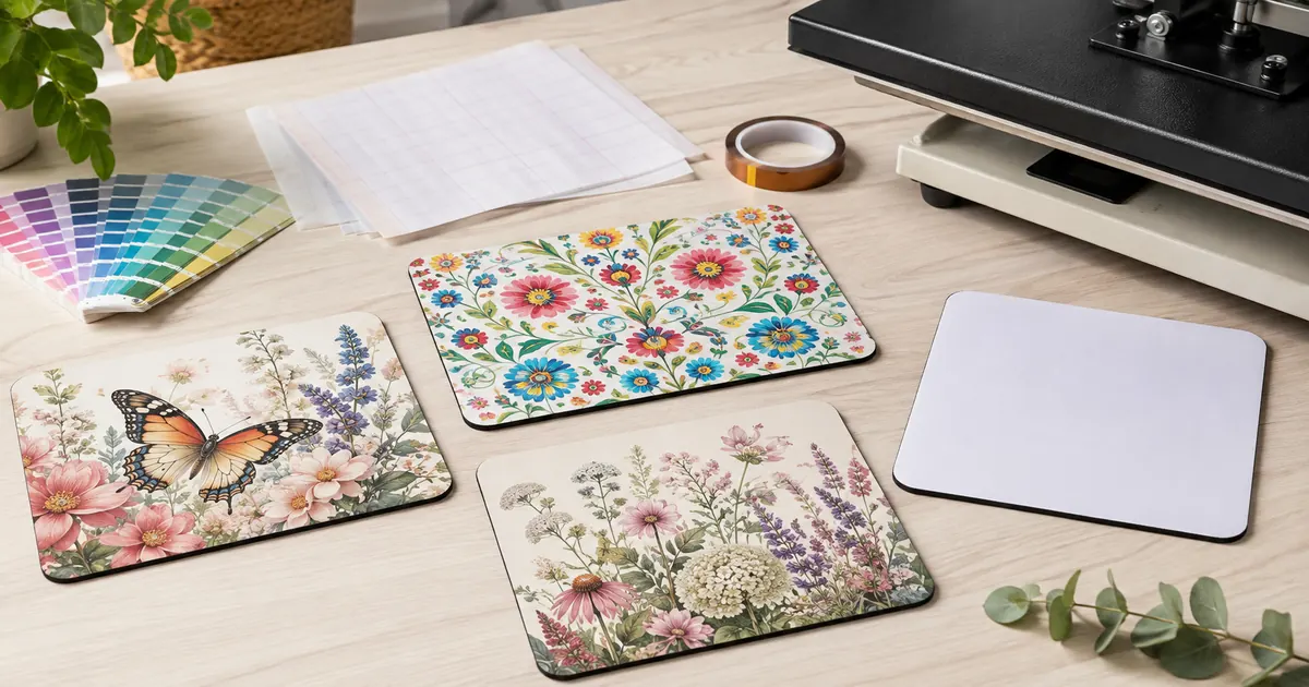 Floral mouse pad sublimation designs with folk flowers, butterflies and botanical artwork