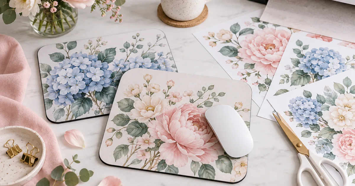 Botanical floral sublimation mouse pads and craft supplies on a bright home-office table
