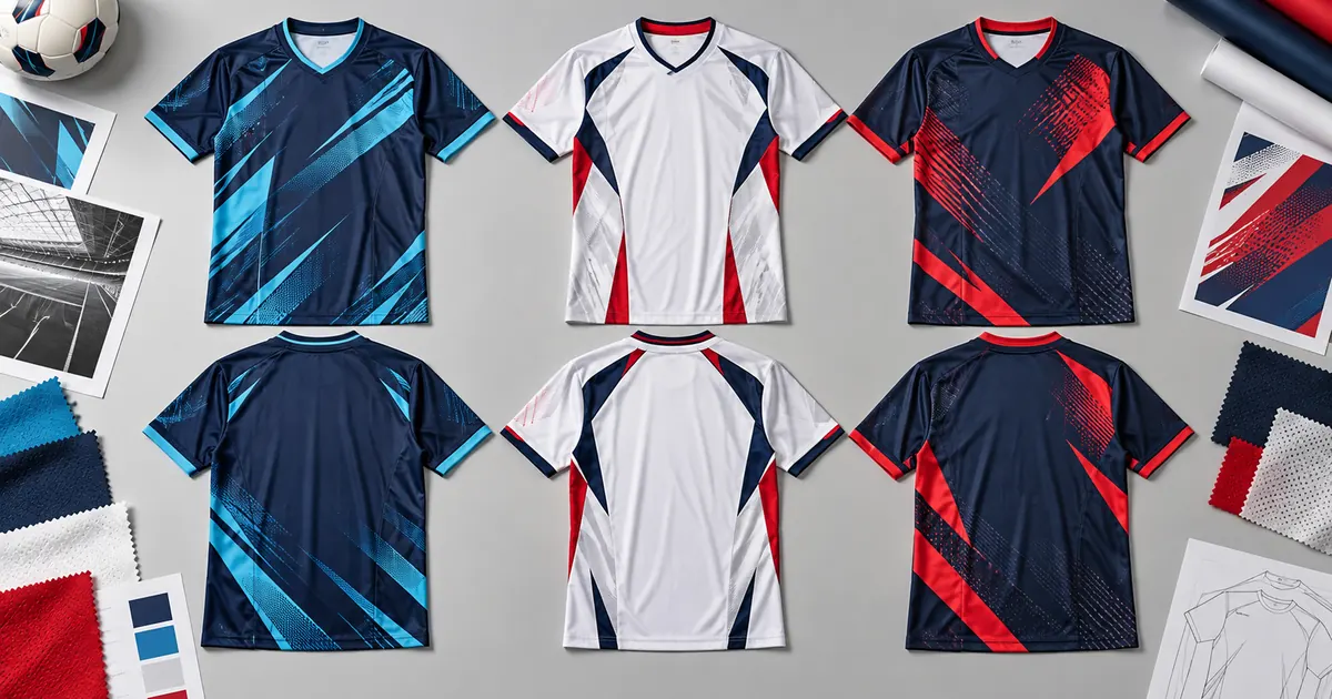 Football jersey sublimation templates arranged with fabric swatches and transfer sheets