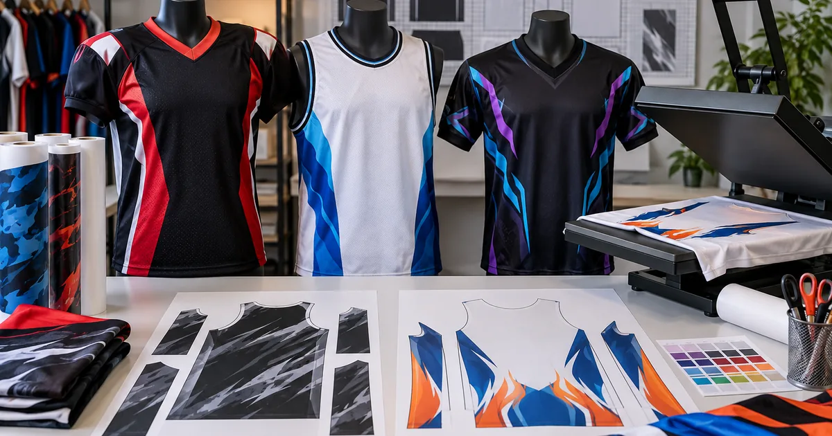 Abstract sports jersey patterns and blank team shirts on a professional sublimation worktable