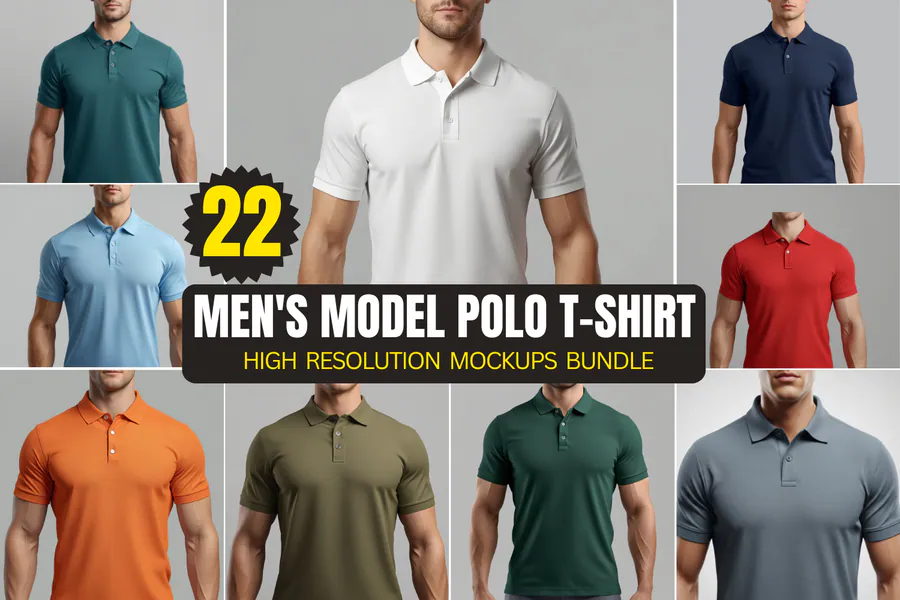 Men's Model Polo T-Shirt Mockups Bundle preview for full sublimation polo shirt design
