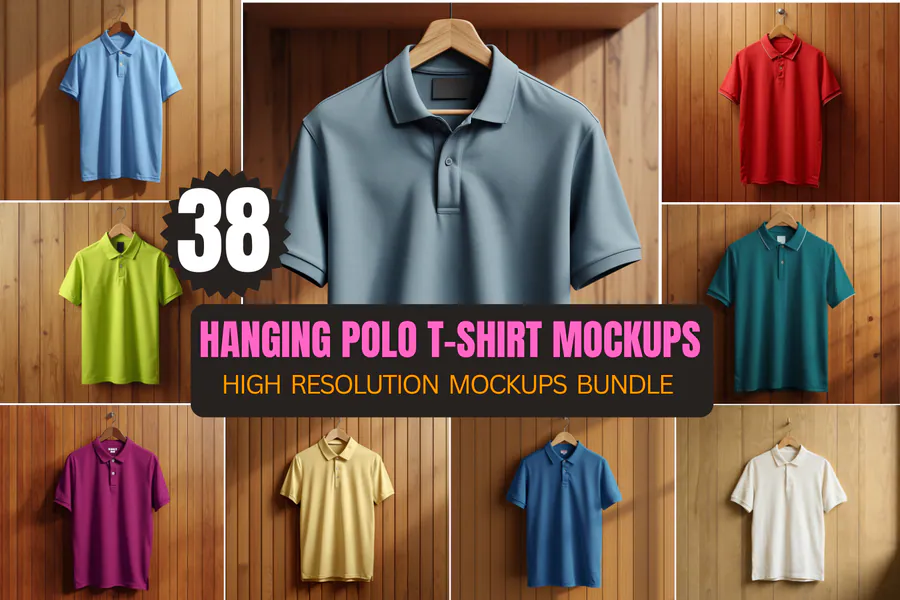 Hanging Polo T-Shirt Mockups Bundle 2 preview for full sublimation polo shirt design