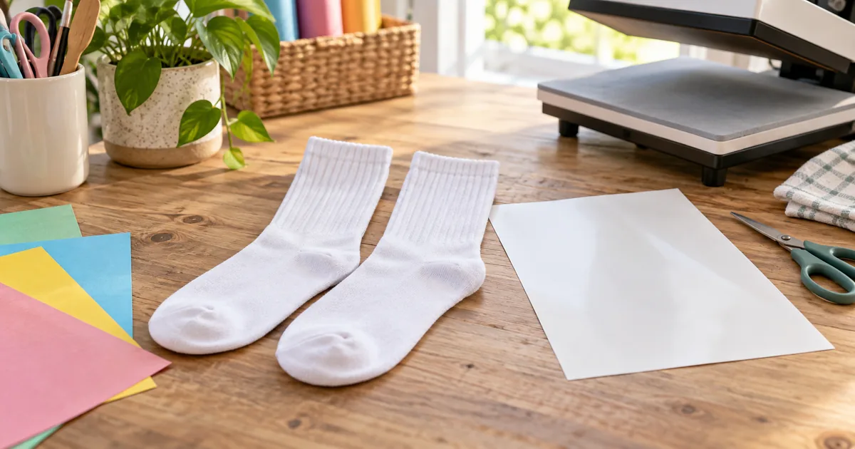 Blank white socks and sublimation supplies on a craft table