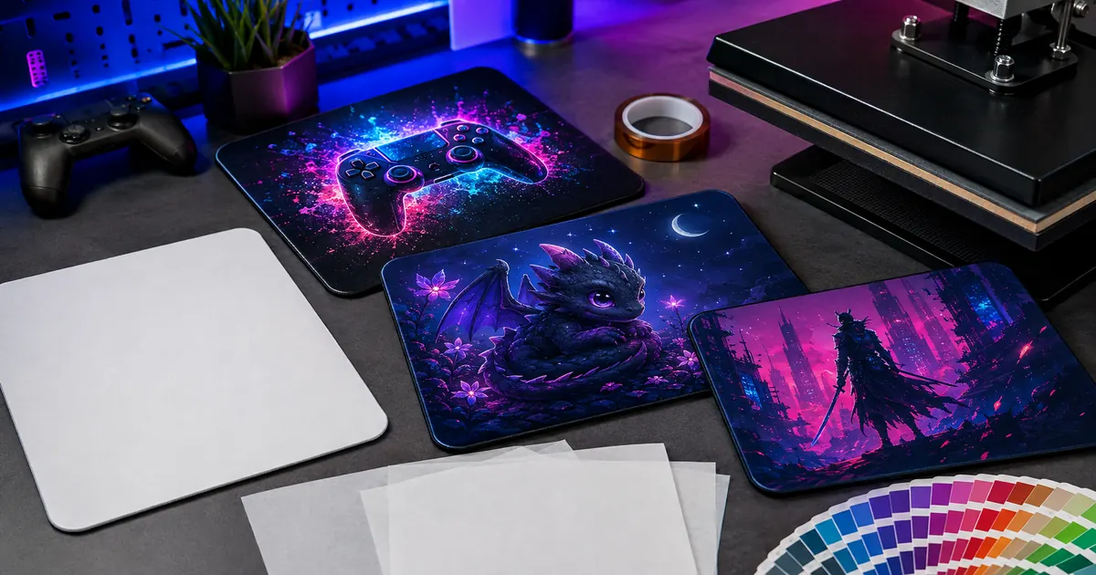 Gaming mouse pad sublimation designs with neon controller, dragon and cyber fantasy artwork