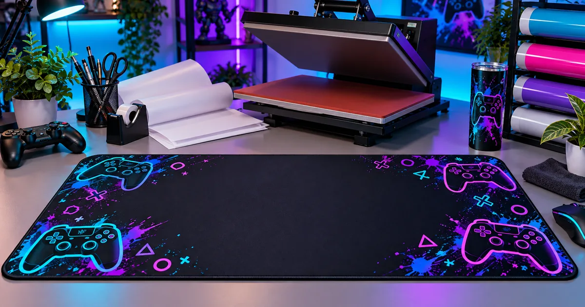A colorful gaming sublimation mouse pad setup with neon controller motifs on a clean desk