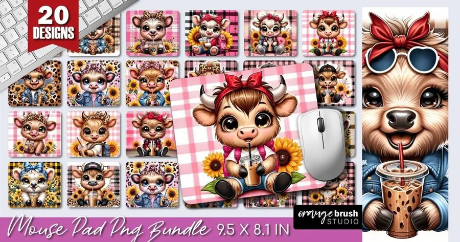 Highland Cow Mouse Pad PNG Bundle preview for mouse pad sublimation designs
