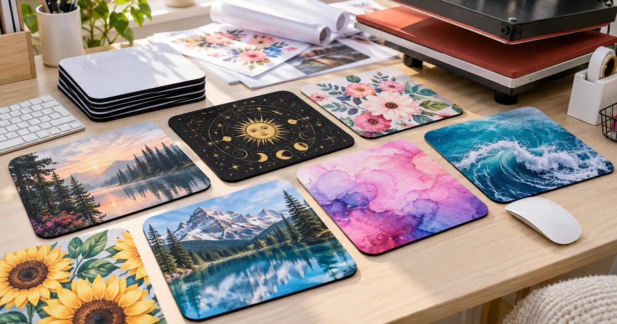 Colorful sublimation mouse pads with scenic, floral and abstract patterns on a bright desk