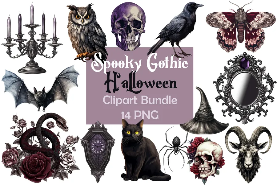 Spooky Gothic Halloween Clipart Bundle preview for dark Halloween crafts