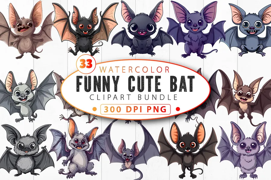 Funny Cute Bat Clipart Bundle preview for Halloween bat sublimation PNG