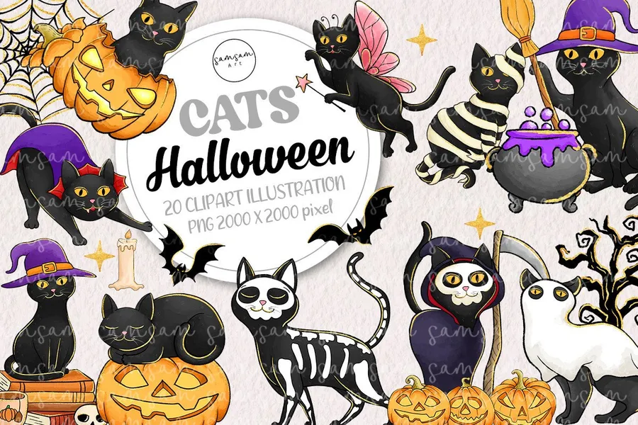 Black Cat Halloween Clipart Bundle preview for Halloween black cat sublimation PNG