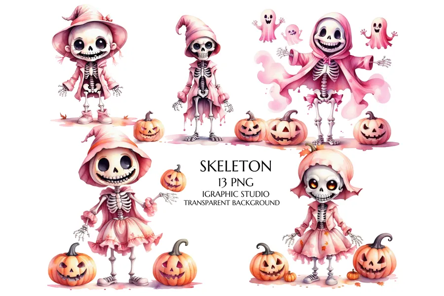 Pink Halloween Skeleton Clipart Bundle preview for Halloween skeleton sublimation PNG