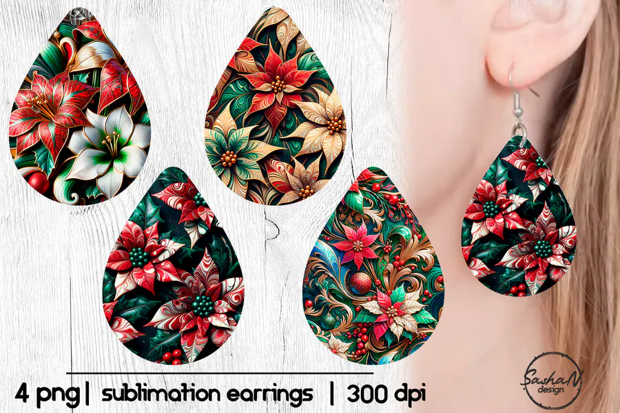 Christmas Floral Earring Sublimation PNG preview for Christmas sublimation earring designs