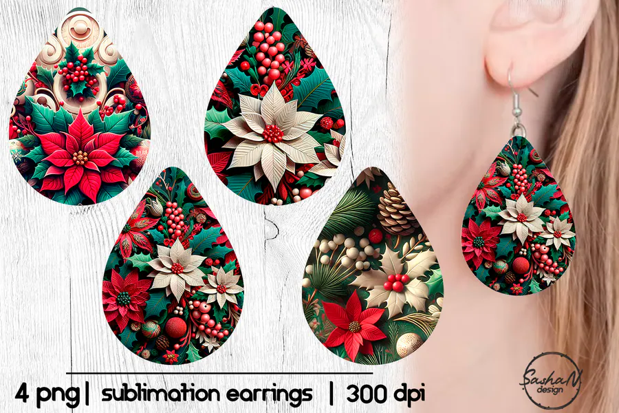 Christmas Poinsettia Teardrop PNG preview for Christmas sublimation earring designs