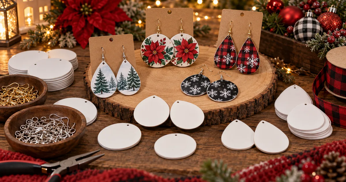 Festive Christmas sublimation earrings with snowflakes, plaid and poinsettias on a warm craft table