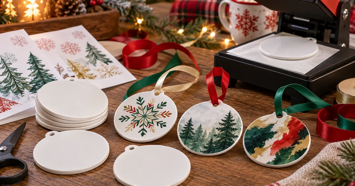 Personalized sublimation ornaments, ribbon and holiday craft blanks on a cozy table