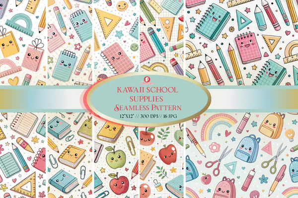 Kawaii School Supplies Seamless Pattern with colorful classroom motifs
