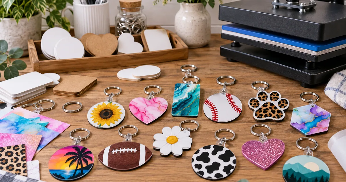 Colorful sublimation keychain blanks and finished bag charms on a craft table